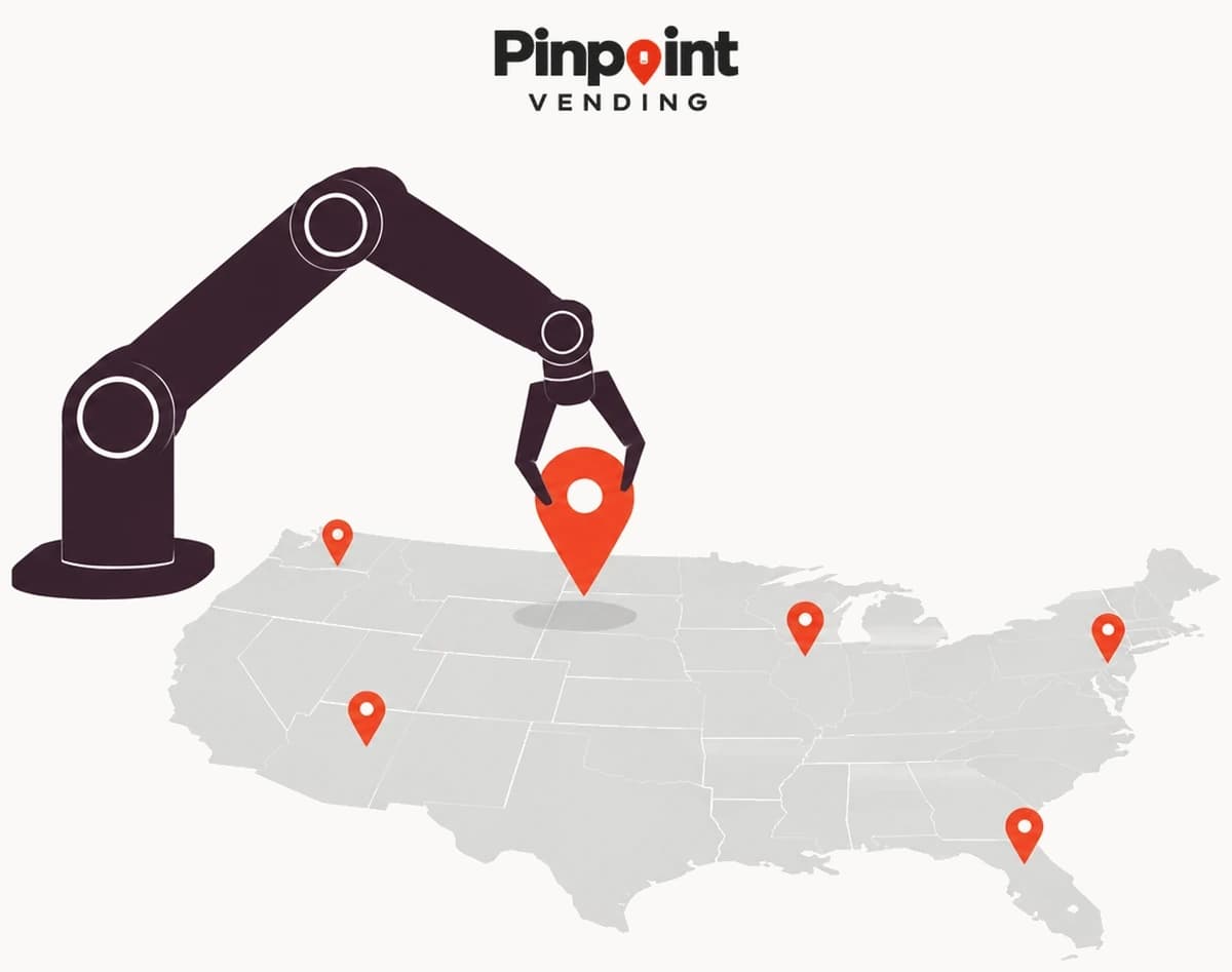 A robotic arm setting a Pinpoint map pin down on a map of the United States, with pins already standing on it.