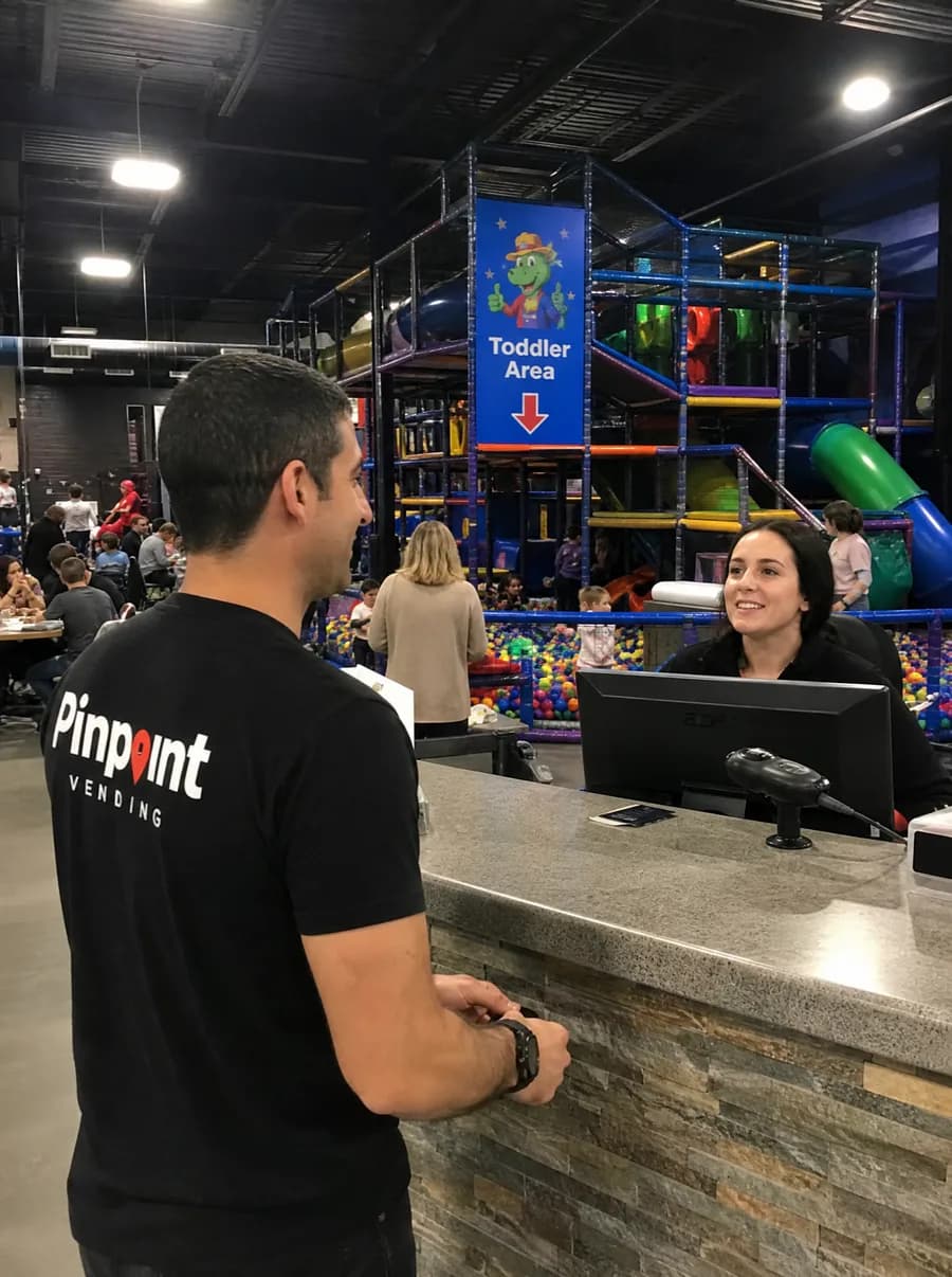 A Pinpoint rep at an indoor playground reception desk speaking with a smiling staff member, the toddler area and ball pit behind.