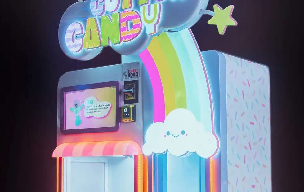 A cotton candy machine glowing against a dark wall after hours.