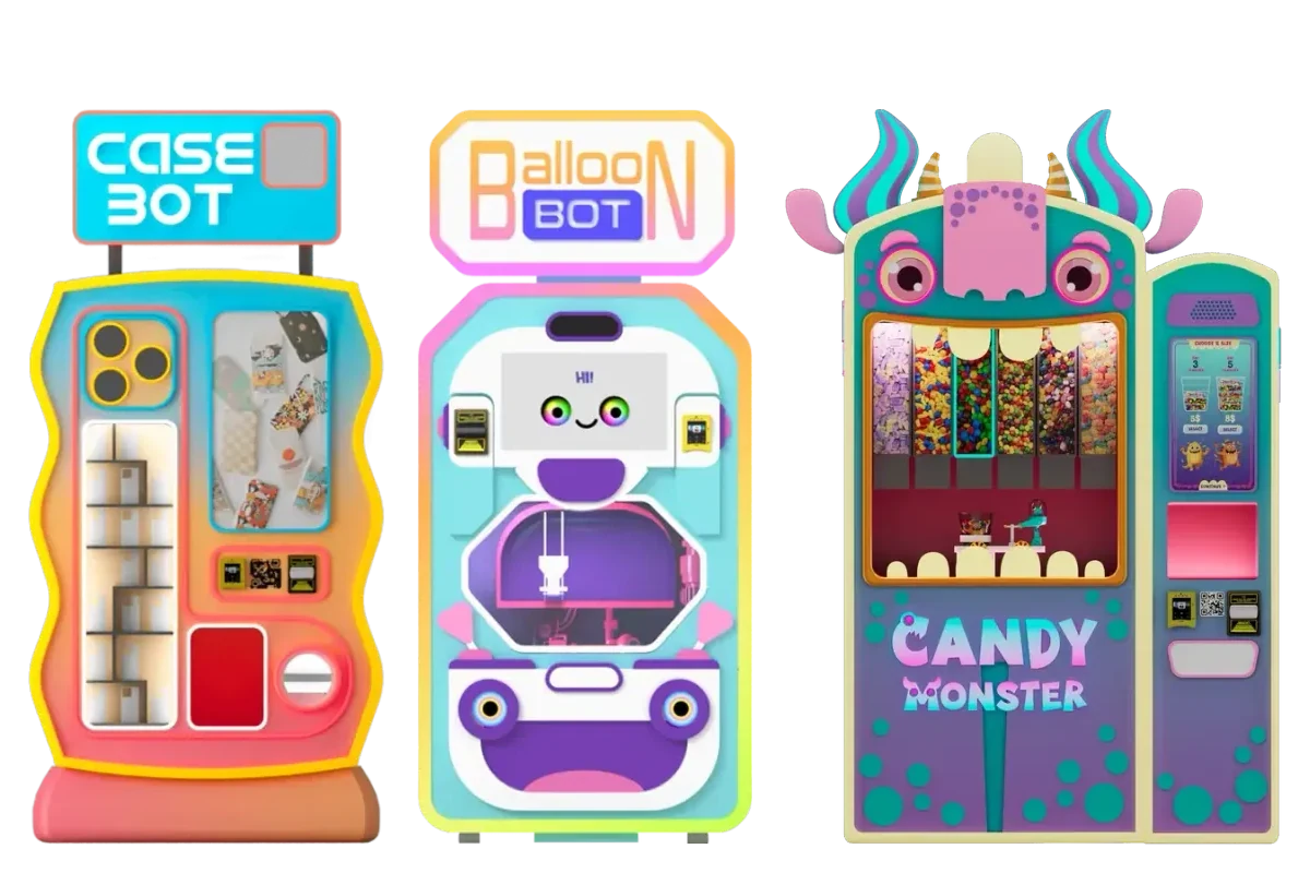 Three novelty vending machines with built-in screens: a CaseBot phone-case machine, a BalloonBot balloon machine and a Candy Monster candy machine.