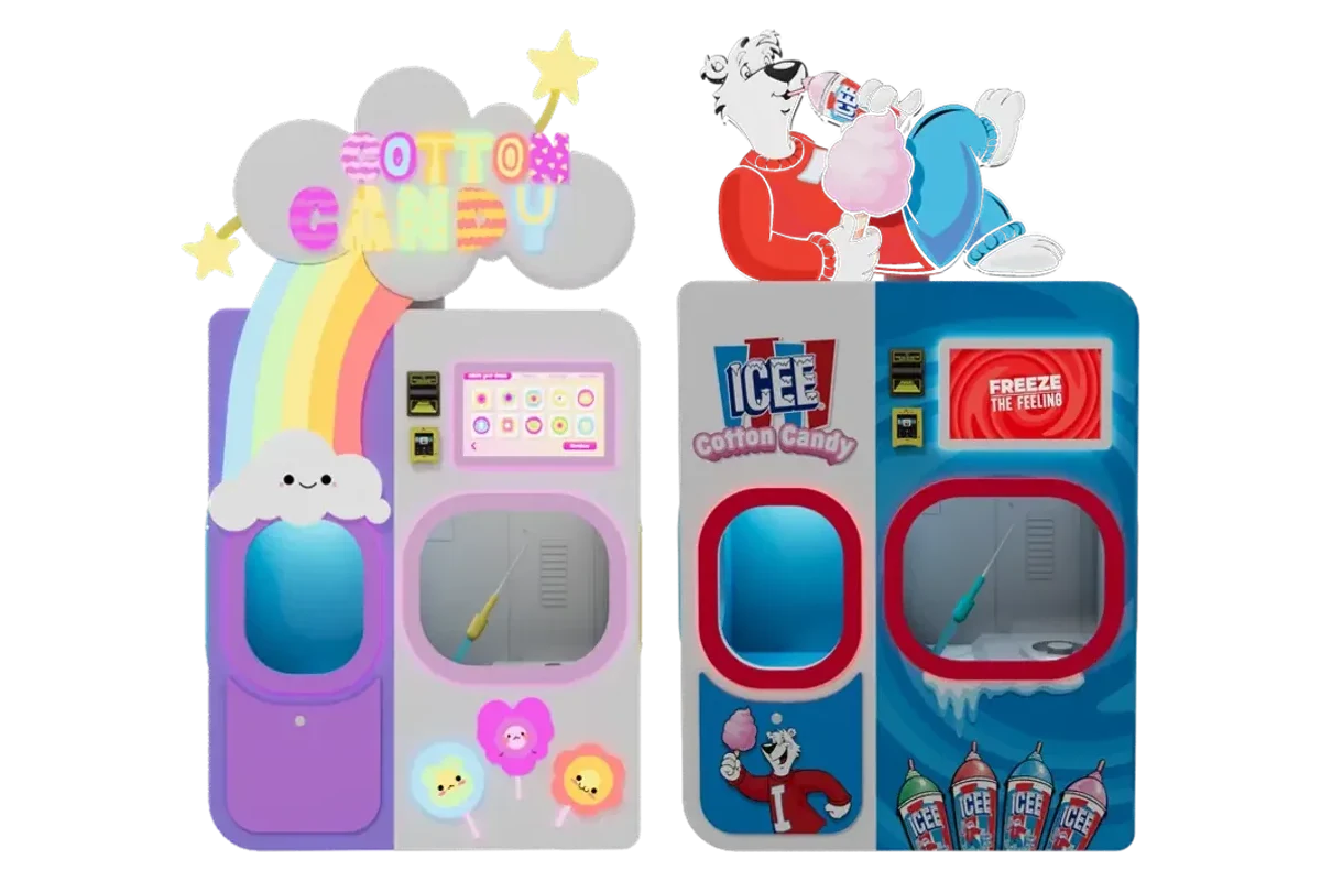 A cotton candy vending machine, front view, with its spinning chamber and touchscreen.