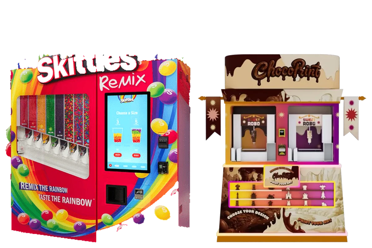 A specialty vending machine with a large glass front and internal lighting.