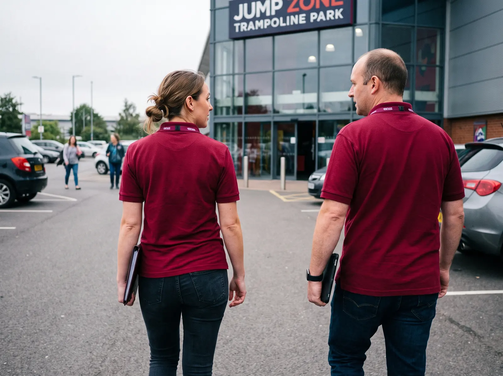 Two Pinpoint reps walking across a car park towards the entrance of a trampoline park.