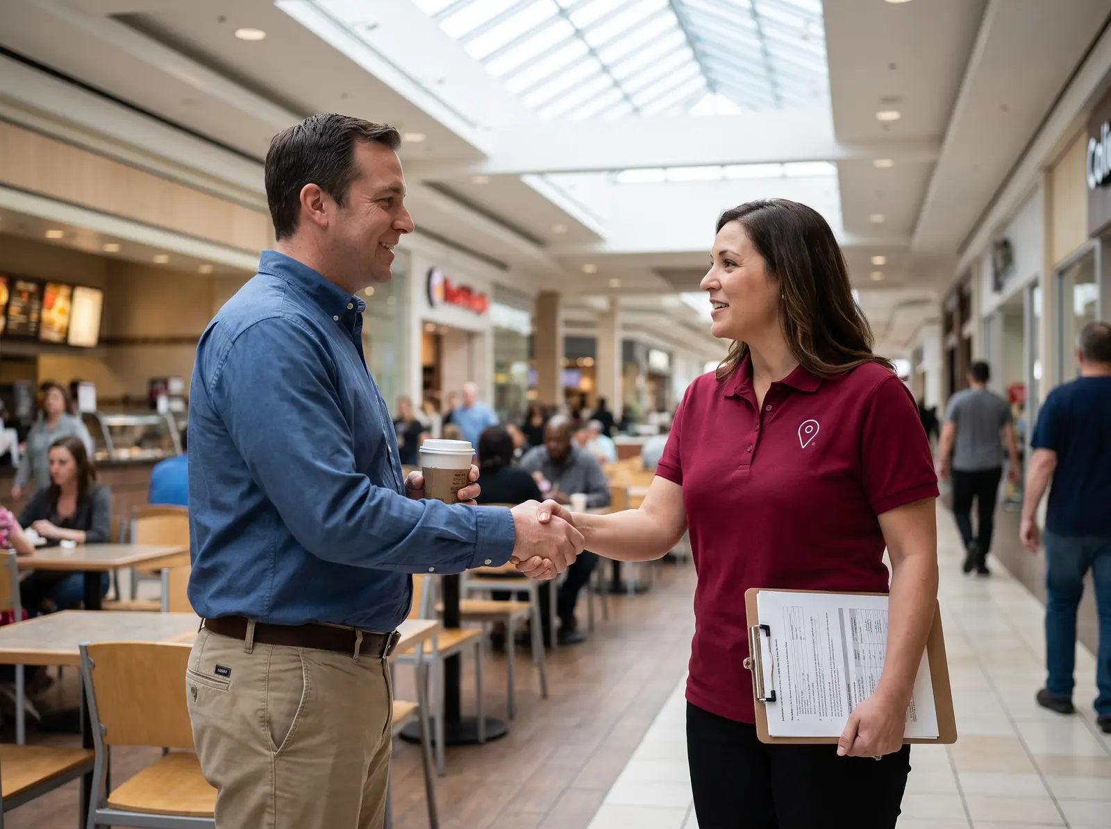 A Pinpoint rep shaking hands with a venue manager inside a venue.