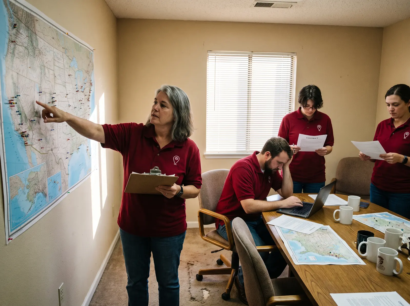 Members of the Pinpoint team around a table planning a scouting route.