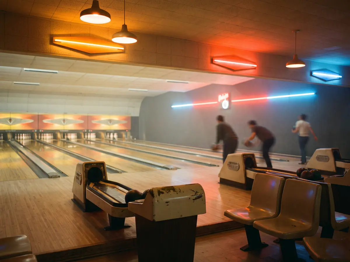 A bowling alley lane with pins set and seating along the approach.