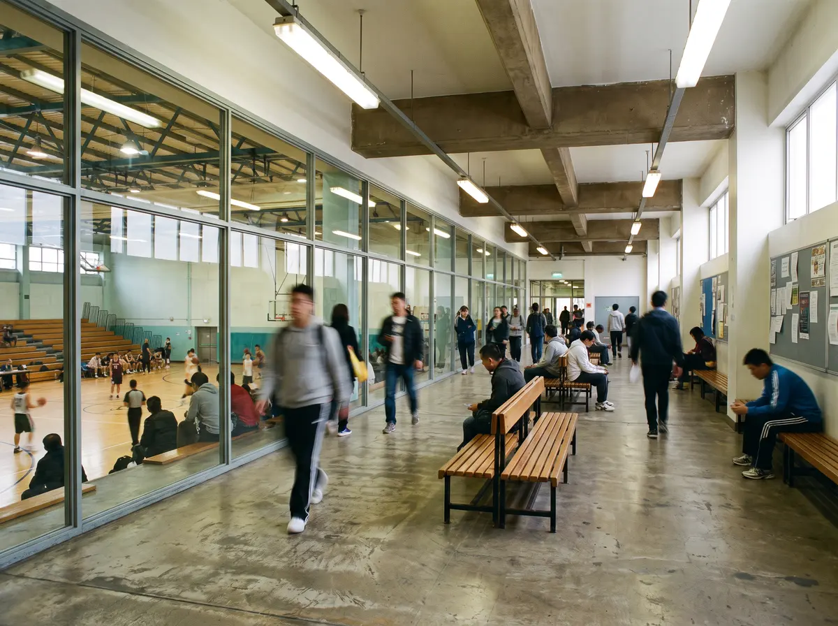 A busy sports center corridor with benches along the wall, glass windows onto a basketball court and people walking past.