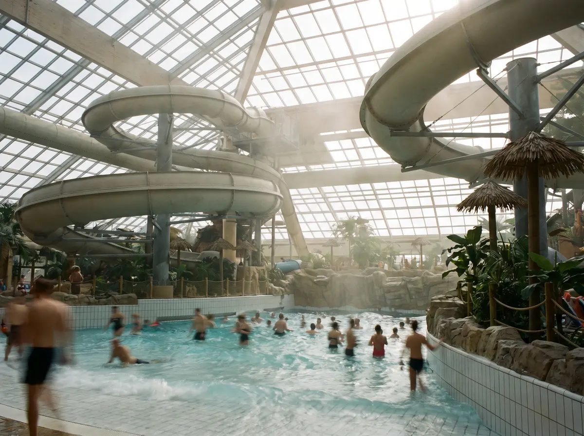 An indoor water park with slides, a wave pool and visitors in swimwear.